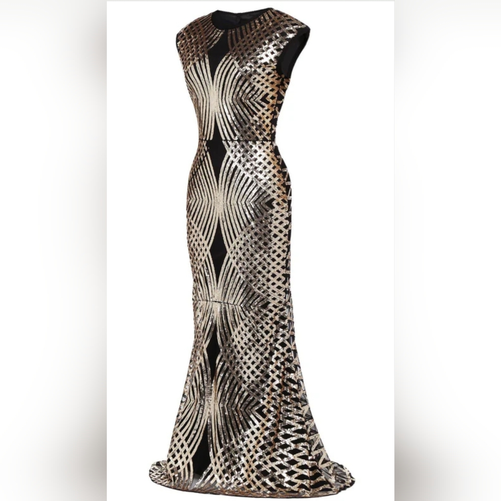Retro Stage Gold and Black Sequin 1920s Evening Gown Size S NWT